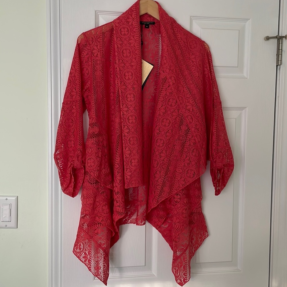 Alberto Makali Coral Lace Open-Front Draped Cardigan